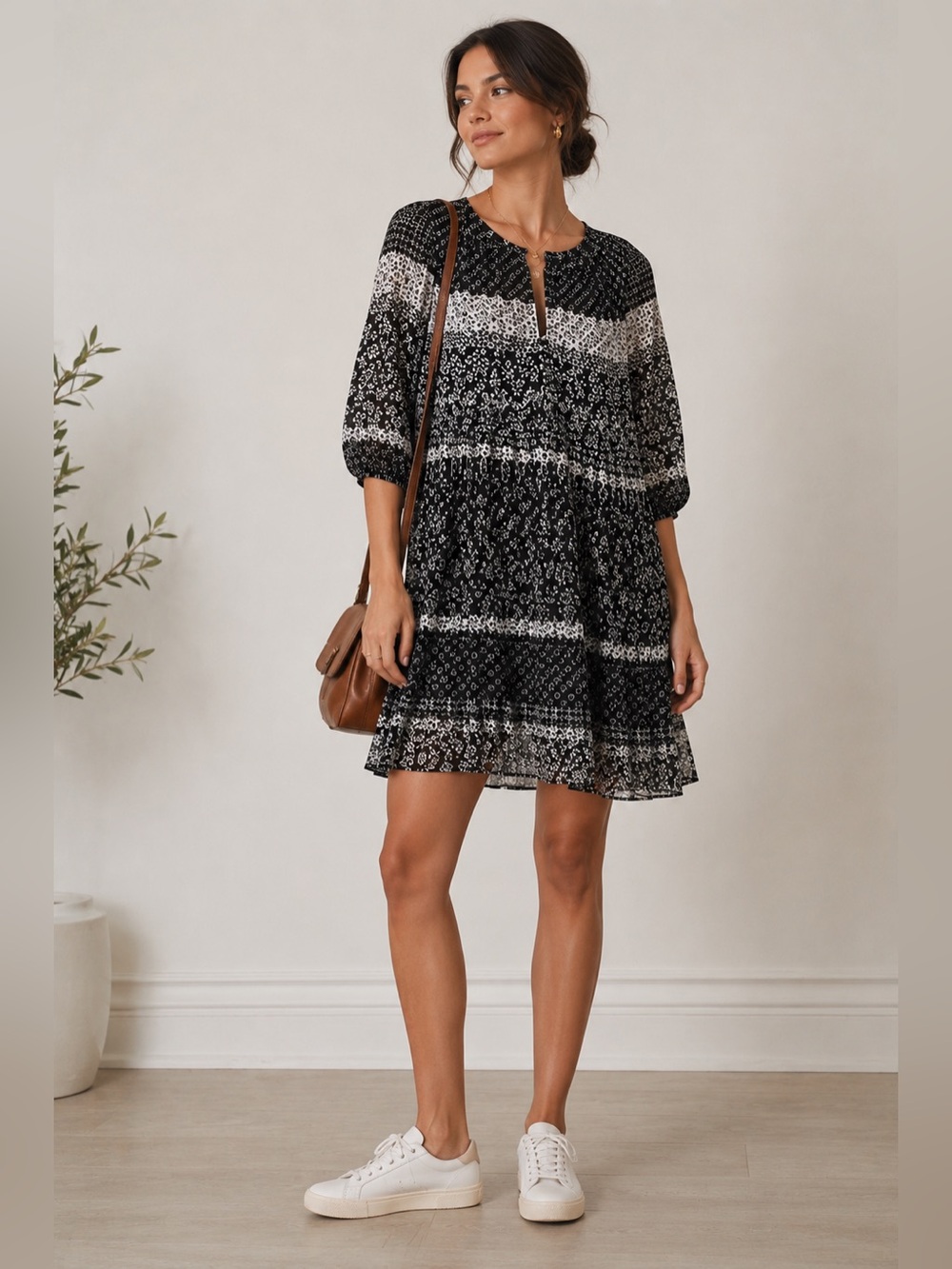Calvin Klein Black White Sheer Floral Peasant Shift Dress Size 2